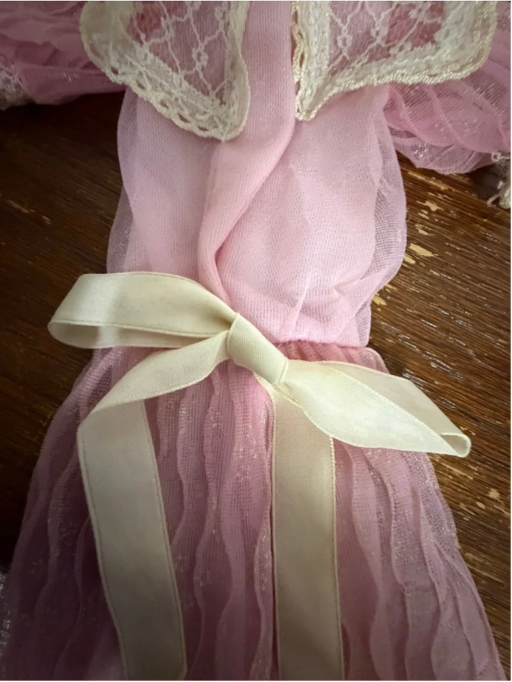 Vintage Barbie Dress Pink Lace Sheer Overlay Ribbon Belt 1960s Style Doll Clothe